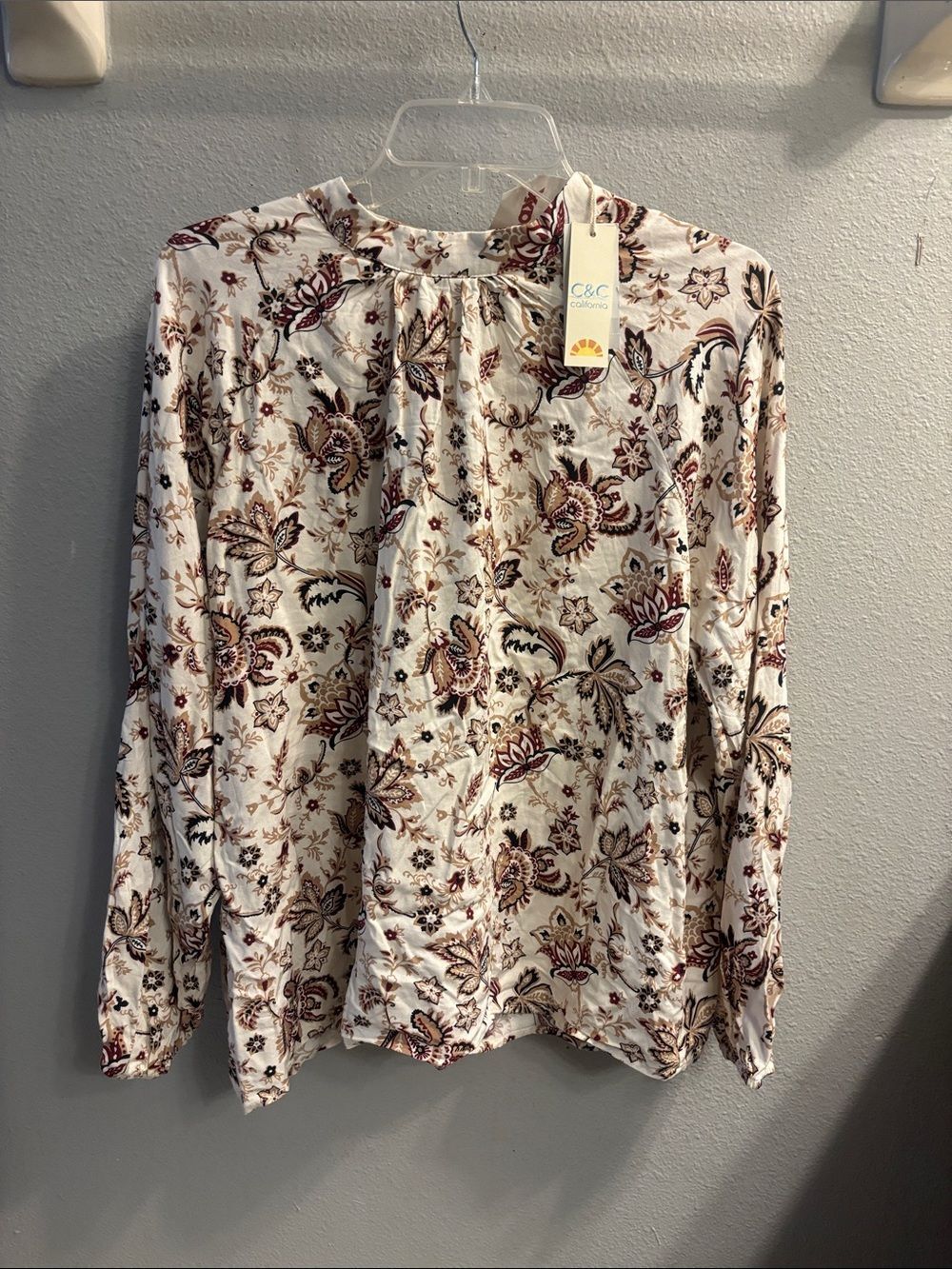 C&C California Cream Long-Sleeve Floral Top with Burgundy & Brown Print